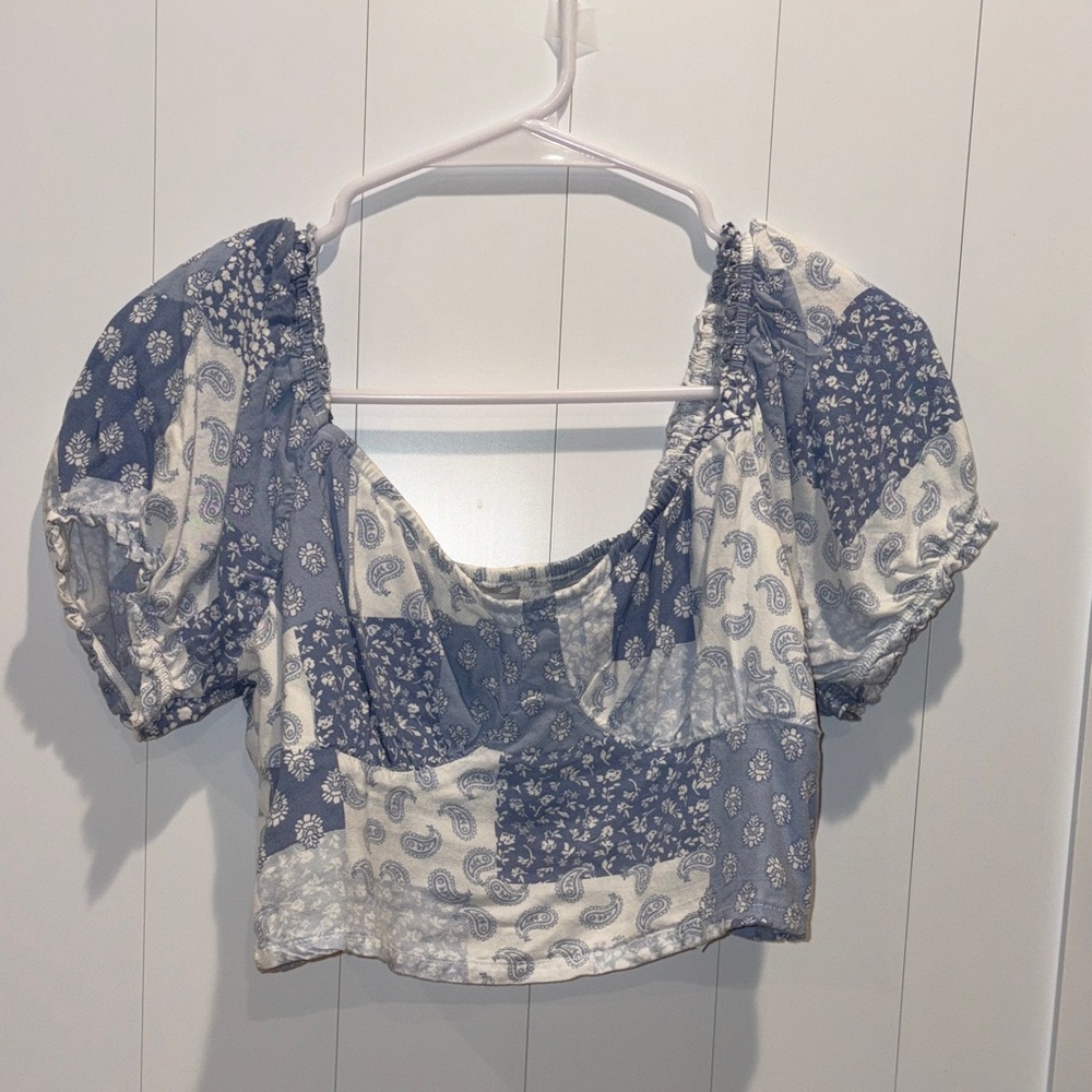 Blue And White Patchwork Crop Top - image 1